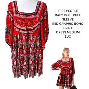 FREE PEOPLE BABY DOLL STYLE GRAPHIC RED PRINT‎ MINI DRESS MEDIUM EUC